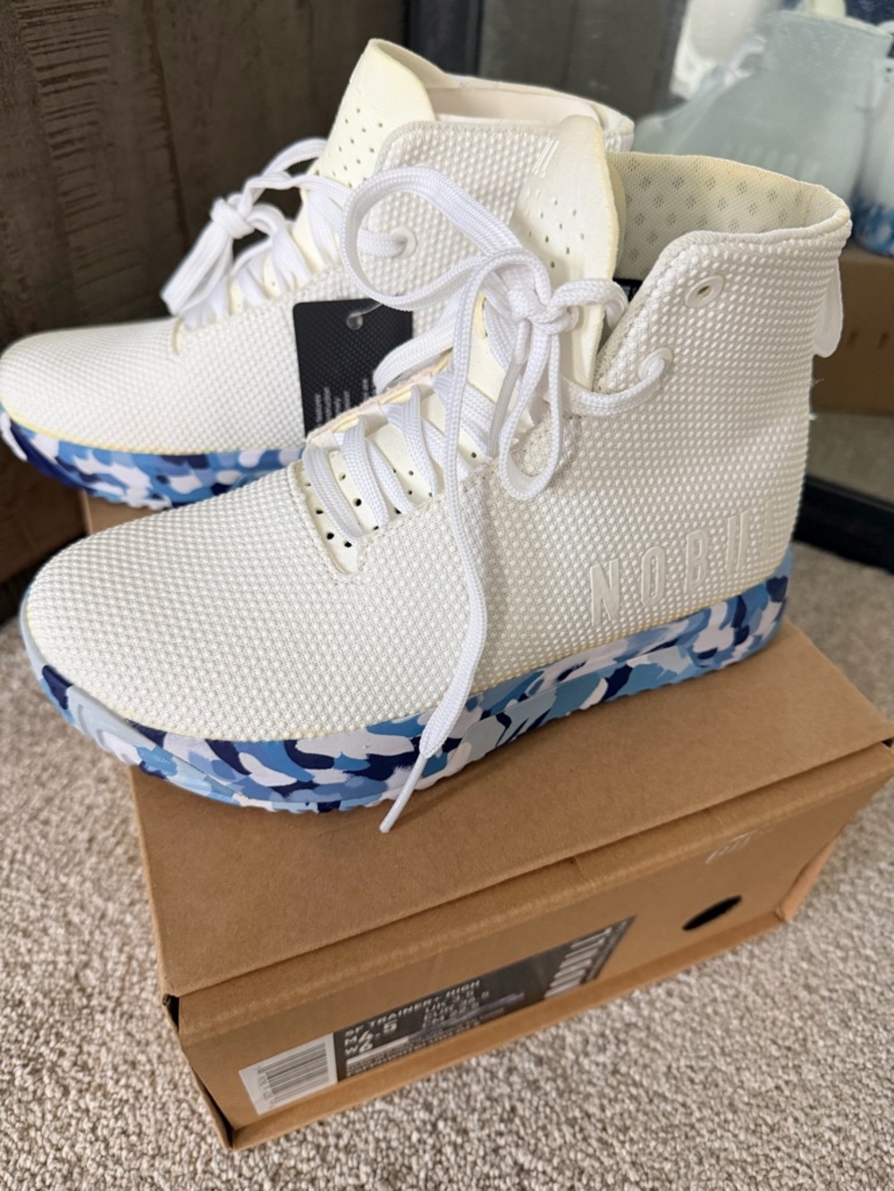 NO BULL White Knit High-Top Sneakers with Blue Camo Sole